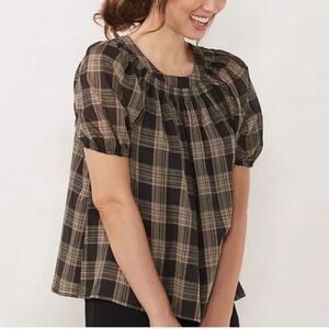 Women's LC Lauren Conrad Volume-Sleeve Plaid Top Sz S Tie Back Boho/Work